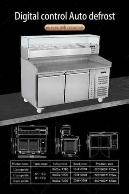 1.8M Mesa de trabajo de ensalada 3 puertas Bajo el mostrador Mesa de preparación de pizza refrigerada con pantalla superior